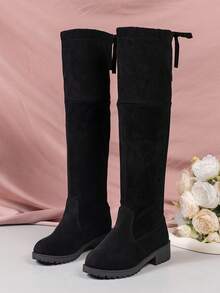 1 Pair Girls' Solid Color Suede Over-The-Knee Boots, Round Toe, Low Chunky Heel, Lace-Up Back, Elastic, Versatile For Daily Wear