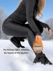 Thermisch gefütterte glänzende Leggings für den Winter, Thermische Freizeithose mit hoher Taille, Ananaskaro, dehnbar, mit ausgefranstem Saum, knöchellang - Schwarz - Übersicht 3