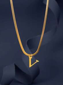 1pc European & American Fashion 26 Letter Pendant Blade Chain Necklace, 18K Gold Plated Stainless Steel, Non-Fading, Suitable For Women Everyday & Holiday Wear