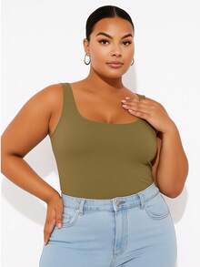 PLUS SIZE WIDE STRAP TANK TOP - Khaki - View 2