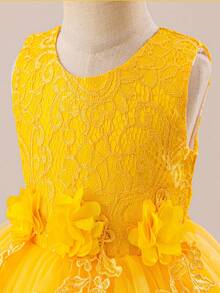Girls' Lace Patchwork Princess Dress With Handmade 3D Floral Decor, Tulle Skirt, Ballet Dance Recital Costume, Elegant Party Dress, Simple Solid Color Layered Mesh Maxi Dress With Bowknot Back For Kids - Yellow - View 8