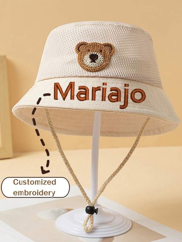 New Beige Teddy Bear Customized Name Embroidery Kids Bucket Hat, Cute Drawstring Sun Hat, Windproof Adjustable Strap, Outdoor Travel Essential, Foldable Portable Bucket Hat, Beach Holiday Photo Prop, Park Picnic Sun Protection, Daily Commute Sunshade, Spring Summer Exclusive, Cartoon Kids Sun Protection Hat, Parent-Child Matching Bucket Hat, Children's Day Gift, Christmas Gift, Thanksgiving Gift, Souvenir Gift