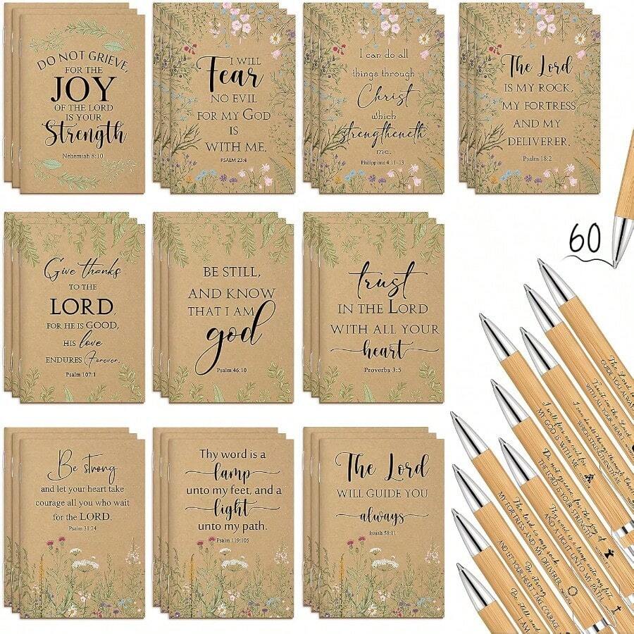 60 Pcs Christian Gift Bulk For Women Bible Verse Notebook Prayer Journal Inspirational Ballpoint Pen Notepad Christmas Church Gifts For Women Sunday School Family Brown - 如圖所示 - 查看 1