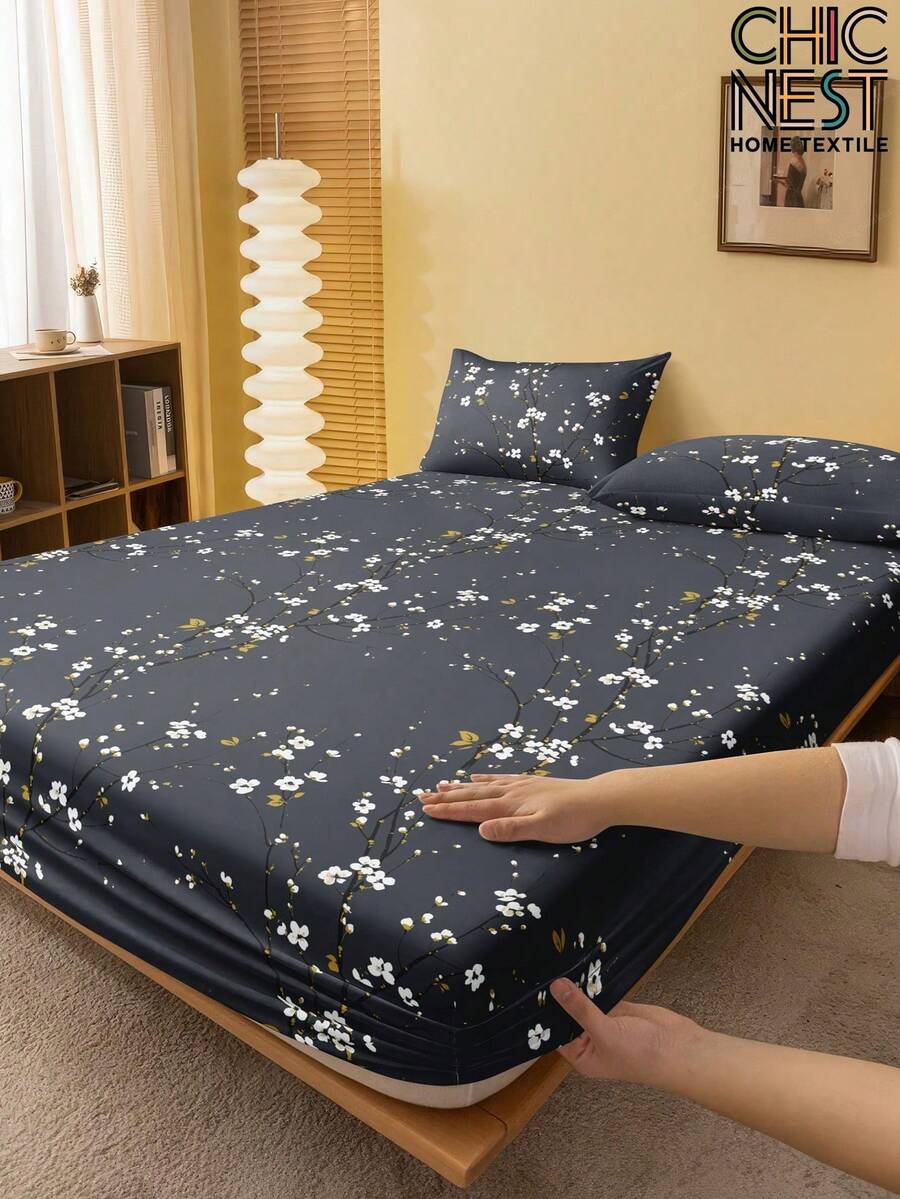 1pc Gray Plum Blossom Pattern Bed Skirt, Tree Branch Pattern Mattress Protector, Valentine's Day Mattress Cover, Fitted Sheet, Soft & Breathable, Suitable For Single, Double, Queen, King Size Beds, Deep Pocket Bedding, Home Textile, Back To School Dorm Bedding Set - Dark Grey - View 1