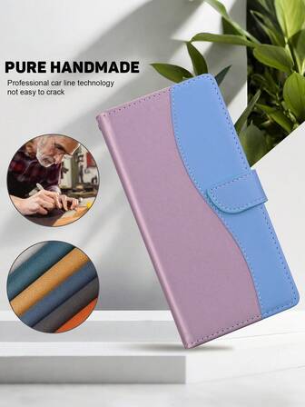 GLANDOTU Funda de teléfono móvil de estilo flip de cuero de imitación de dos tonos azul en polvo con ranuras para tarjetas y cierre magnético, adecuada para teléfonos móviles de varias marcas y modelos