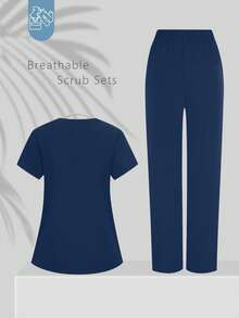 cimmuovere Conjunto de uniforme de mujer con parte superior de manga corta con cuello en V, múltiples bolsillos y bajo con abertura, talla grande pantalón de uniforme liso para enfermeras, dentistas, personal de salud, veterinaria y laboratorio