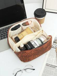 1 pieza Bolsa de cosméticos de PU con relieve de rosa, bolsa de cosméticos de lujo con relieve de caramelo, bolsa de cosméticos casual portátil, bolsa de cosméticos con cremallera de moda, bolsa de almacenamiento de cosméticos para viajes y vacaciones