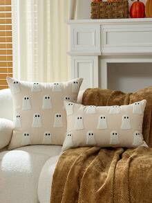 1 pieza Funda de almohada bordada con diseño de fantasmas, fibra de poliéster moderna sin núcleo de almohada, material de lona adecuado para decoración de Halloween en salas de estar y jardines al aire libre, decoración de Halloween, decoración espeluznante para el hogar (SIN INSERTO), decoración de otoño, decoración de otoño, decoración de habitación