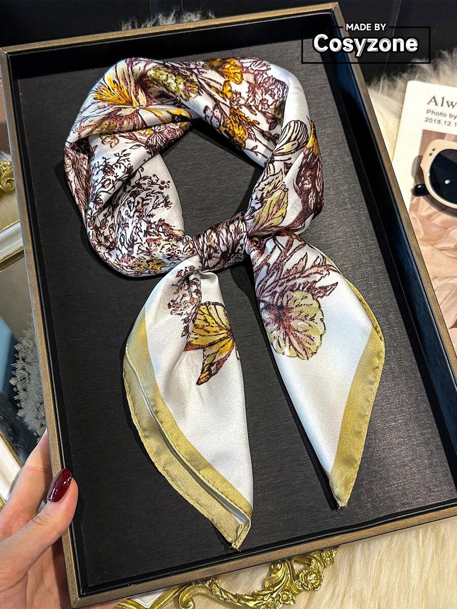1pc Elegant Floral & Butterfly Print Silk-Like Bandana Scarf, Women's Spring/Summer Essential, Versatile Hair Accessory, Fashion Neck Scarf - Khaki White - View 1