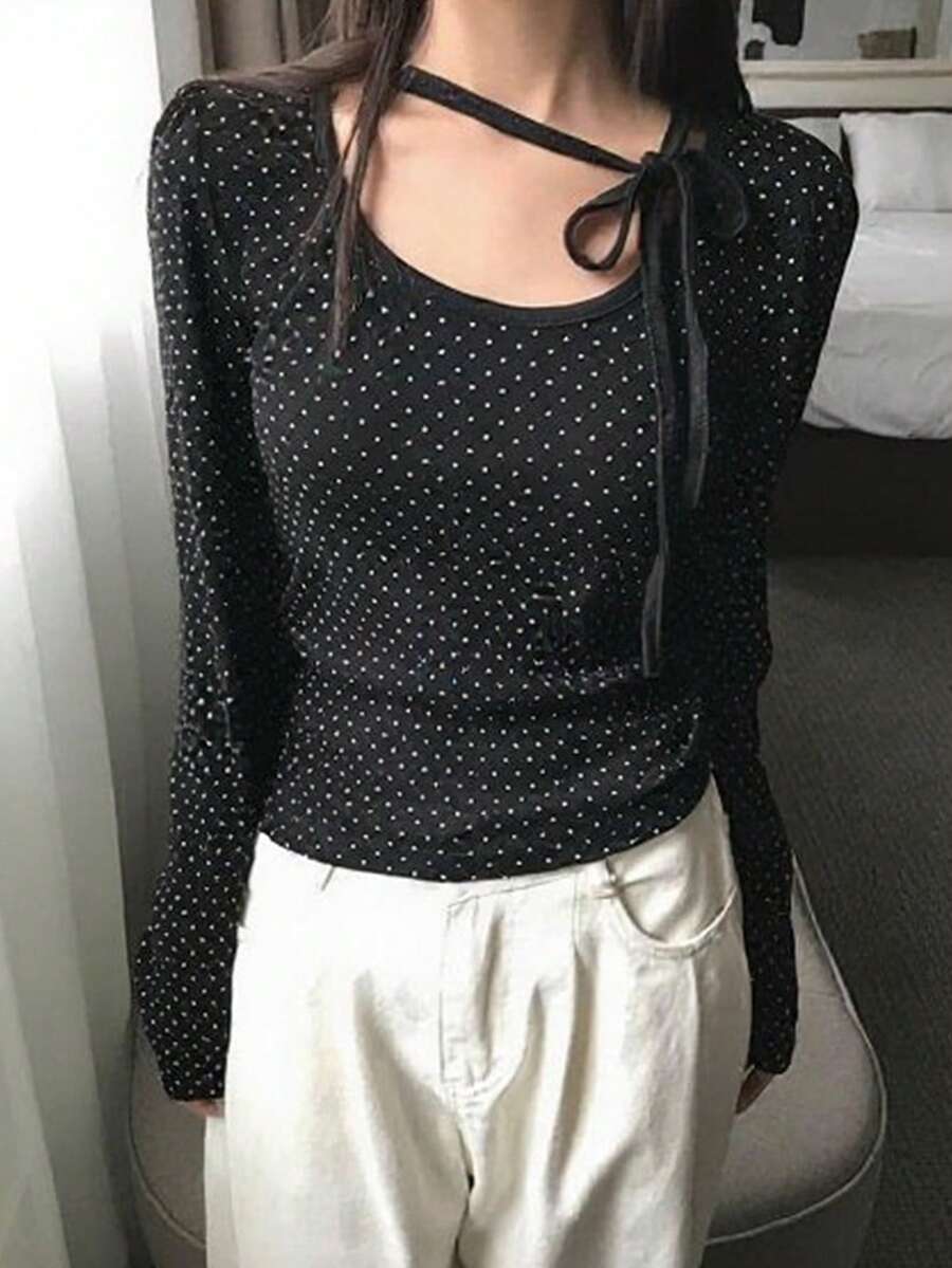 女士系领波点印花长袖修身T恤上衣，休闲度假春季黑色 - 黑色 - 查看 1