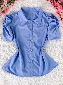Women's Fashion Collared Blouse With Buttons On The Front, Code 1 - Baby Blue - View 1
