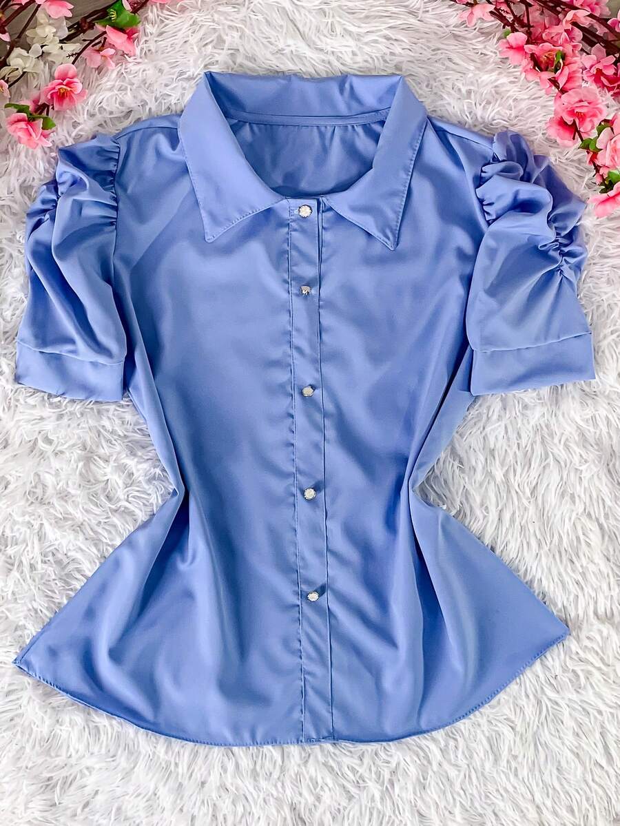 Women's Fashion Collared Blouse With Buttons On The Front, Code 1 - Màu xanh nhạt - Xem 1