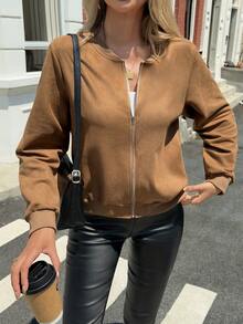 Chaqueta bomber elegante y casual para mujer, chaqueta con cierre de cremallera y botones delanteros de unicolor y manga larga