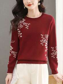 Elegant Lace Round Neck Jacquard Sweater Autumn And Winter Fashion Warm Long Sleeve Contrast Color Casual Comfortable Versatile Pullover Sweater - Màu Đỏ Sâu - Xem 3