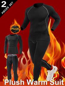 Conjunto de ropa interior térmica para hombres, camiseta de cuello redondo de manga larga y pantalones, capa base cálida, unicolor, gruesa, ajuste ceñido, ropa deportiva, adecuada para clima frío, actividades al aire libre, esquí, invierno - Negro - Ver 3