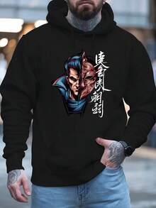 Men'S Yellow Hoodie With Anime Character Print - Casual Long Sleeve Sweatshirt, Polyester, Regular Fit, Winter Gift, Casual Wear Hoodie |   Anime Print Hoodie |   Polyester Hoodie - 黑色 - 查看 2