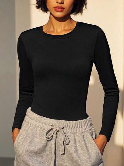 Lightweight Pullover Top, Crew Neck Solid Color Slim Fit Long Sleeve Top, Versatile Casual Top For Spring/Summer