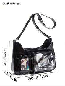 Y2K Fashion Shopping Casual Minimalist Street Commute Large Capacity Women's School Style Oiled Wax Leather Transparent Badge Shoulder Bag Crossbody Bag, Can Hold Textured Items, Can Hang Key Chain, Can Hold Postcards - Black - View 5