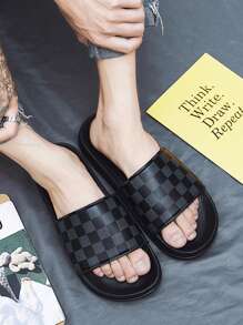 Men's Shoes, Men's Checkered Home Casual Slippers, Breathable And Durable, Suitable For Bathrooms, Beaches, And Home Wear