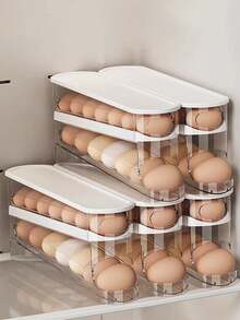 Automatic Double-Layer Egg Holder, Keeps Eggs Fresh, Sliding Container Holds 12-14 Eggs - Zipper Design, Plastic Material, Non-Touching - Refrigerator Organizer, Kitchen Egg Tray - Multicolor - View 1