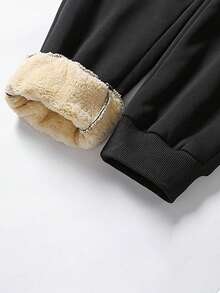 青少年男孩休闲户外运动保暖内衬厚裤，带侧拉链口袋，简约纯色，松紧腰带和袖口，时尚百搭，冬季 - 黑色 - 查看 4