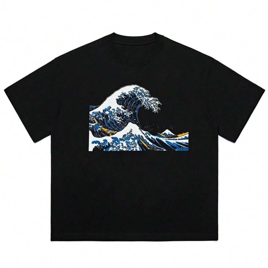 2025 Fashion Design Sense Surf Printed Short Sleeve T-Shirt Men's And Women's Retro  Japanese Cotton Half Sleeve Summer - 黑色 - 查看 1