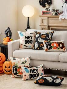 1pc Halloween Ghost& Bat & Pumpkins Polyester Canavas Cushion Cover With Exquisited Embroidered, No Pillow Core, Home Decor Pillow Case Room Decor Pillow Cases Cushion Covers Halloween Decor