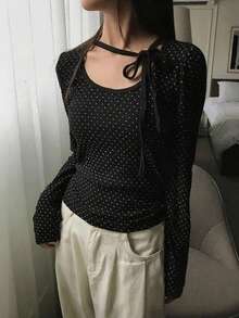 女士系领波点印花长袖修身T恤上衣，休闲度假春季黑色 - 黑色 - 查看 2