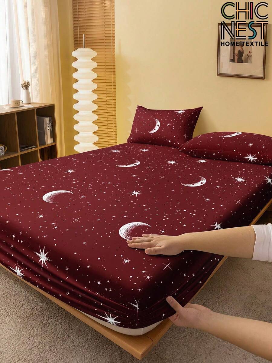 1pc Fashionable Wine Red Star & Moon Pattern Bed Skirt, Mattress Protector, Valentine's Heart Mattress Cover, Soft & Breathable, Fits Twin, Full, Queen, King Size Beds, Deep Pocket Design Up To 11.8 Inches, Wrinkle-Resistant, Improves Sleep Quality, Machine Washable. Essential For Dorm Back To School Season. - Burgundy - View 1