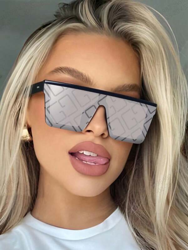 1pc Square Large Frame Rivet Rimless Mirrored Fashion Glasses, Unisex Fashion Glasses Suitable For Street, Beach, Party, Travel, Gift For Women