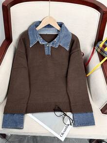 韩版牛仔拼布针织套头衫，女款，秋冬 - 咖啡棕 - 查看 4