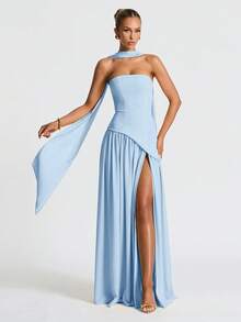 Váy xòe bồng bềnh hở vai gợi cảm thanh lịch, váy dự tiệc - Màu xanh nhạt - Xem 1