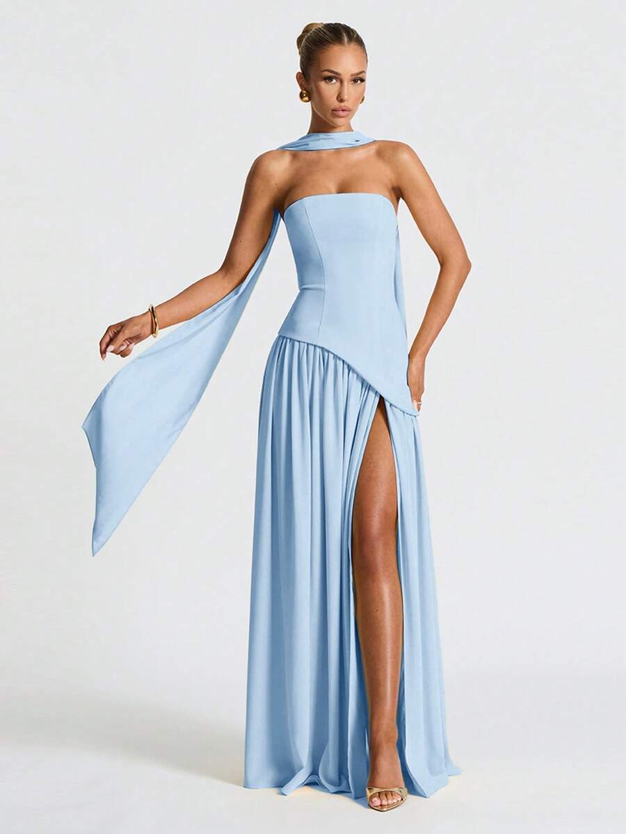 Váy xòe bồng bềnh hở vai gợi cảm thanh lịch, váy dự tiệc - Màu xanh nhạt - Xem 1