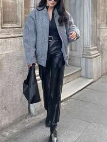 1 Peça Jaqueta Casual Feminina de Cor Sólida, Gola Padre, Abotoamento Simples, Solta e Confortável, de Manga Longa