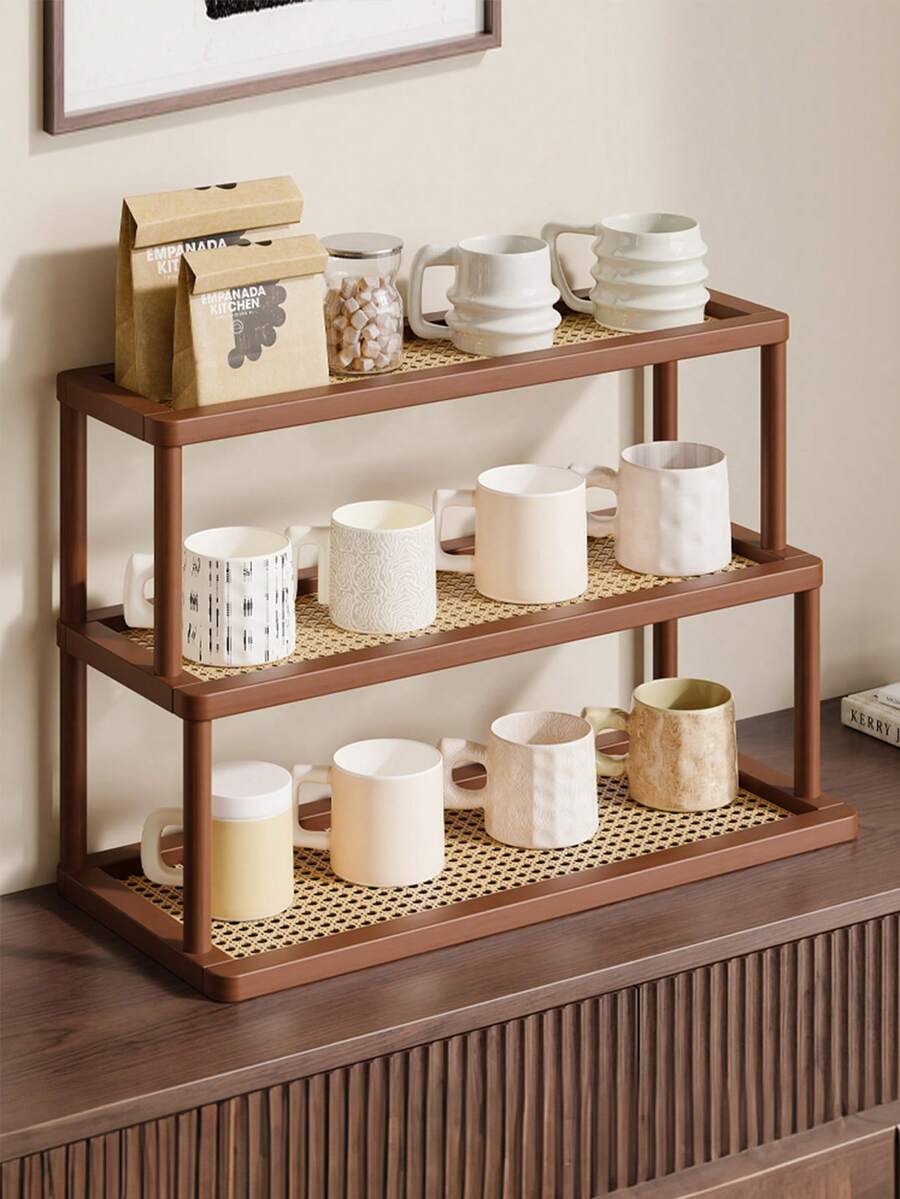 Estantería de 3 niveles de bambú, plástico y ratán para almacenamiento en la cocina, apta para guardar y organizar condimentos, aperitivos, tazas, libros y otros artículos, aplicable para la cocina, el estudio, la sala de estar, estantería independiente y estantería vertical - Marrón - Ver 1