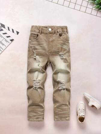 Tween Boy Fashionable Distressed Washed Denim Street Style Jeans