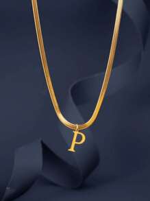 1pc European & American Fashion 26 Letter Pendant Blade Chain Necklace, 18K Gold Plated Stainless Steel, Non-Fading, Suitable For Women Everyday & Holiday Wear