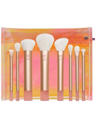  Juego de 9 piezas de brochas de maquillaje The Wanderer de Real Techniques, para sombras de ojos líquidas, en crema y en polvo, base, corrector, colorete y contorno, brochas de tamaño de viaje, regalo navideño, juego de brochas, kit de maquillaje, juego de brochas de maquillaje, kit de maquillaje completo, juego de brochas, juego de brochas de maquillaje, set de regalo de maquillaje, set