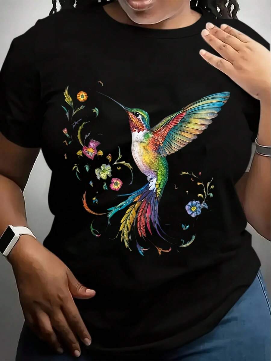 Women's Floral & Hummingbird Print Casual T-Shirt - Breathable Round Neck Short Sleeve Top, Machine Washable Spring Summer Fashion Tee With Vibrant Graphic Design, Ladies T Shirts, Seasonal Clothing, Artistic Design, Comfortable Material, Printed Top, Women, Everyday Top, Lightweight Top, Stylish . Digital Printing - 黑色 - 查看 1