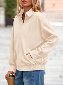 Women's Faux Suede Motorcycle Jacket  Fall Fashion Oversized Zip Up Coats Winter Clothes Outerwear - 米色 - 查看 3