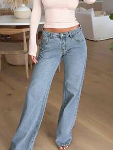 Quần jeans nữ ống đứng cạp thấp phong cách đường phố tối giản kiểu Âu và Mỹ mới - Rửa nhẹ - Xem 4