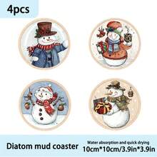 1 set/4 piezas/6 piezas Regalos de Navidad y posavasos de barro de diatomeas con diseño de muñeco de nieve, posavasos de café, decoración multiocasión para el hogar y restaurante, regalos diarios, decoración de mesa, decoración diaria, decoración de fiesta temática, como regalos de Navidad