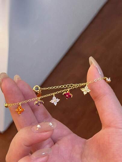 1pc Minimalist Colorful Four-Leaf Flower Bracelet, S925 Or 925 Sterling Silver, Elegant Jewelry Gift For Women, Bride, Birthday, Date