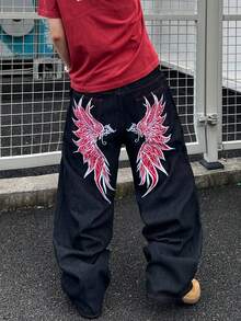 1pc Men's Loose Fit Embroidered Jeans, Comfortable Streetwear Casual Pants (Belt And Accessories Not Included)