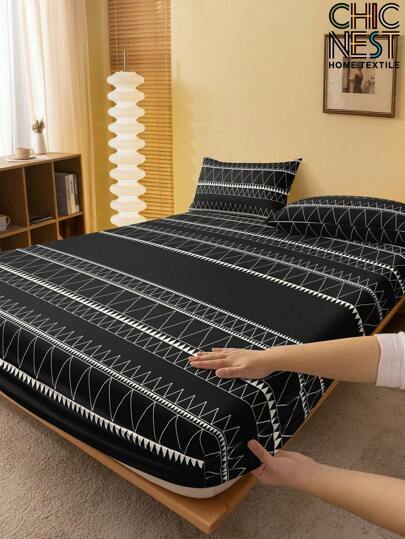 2/3pcs Bohemian Black & White Geometric Striped Bedding Set (1pc Fitted Sheet + 1/2pcs Pillowcase), Soft & Breathable, Fits Twin, Full, Queen, King Size Beds Up To 11.8" Depth, Home Textile