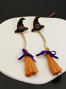 1 قطعة أقراط على شكل قبعة ومكنسة ساحرة هالوين، أقراط مبتكرة وطريفة، إكسسوار ملابس احتفالي مناسب لحفلة هالوين