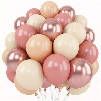 62pcs Vintage Blush Pink & White Gold Metallic Rose Gold Balloons For Indoor/Outdoor Wedding Party Decor, Bridal Shower, Birthday, Anniversary, Boho Style, Romantic Event, Elegant Decoration, Comes With Ribbons