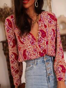 女士休闲日常印花长袖纽扣衬衫舒适透气衬衫适合所有季节春秋时尚 - 紅色 - 查看 4