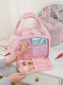 حقيبة منظم مستحضرات التجميل قطعة واحدة، حقيبة أدوات التجميل محمولة باليد، حقيبة سفر متعددة الوظائف، سعة كبيرة، تصميم مقسم، مقاوم للماء، مناسبة لمستحضرات العناية بالبشرة والمكياج والفرش والمستلزمات الصحية، حقيبة سفر للمدرسة والعطلات والعودة إلى المدرسة، حقيبة مكياج وحقيبة سفر للنساء