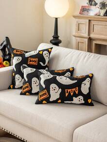 1pc Halloween Ghost& Bat & Pumpkins Polyester Canavas Cushion Cover With Exquisited Embroidered, No Pillow Core, Home Decor Pillow Case Room Decor Pillow Cases Cushion Covers Halloween Decor